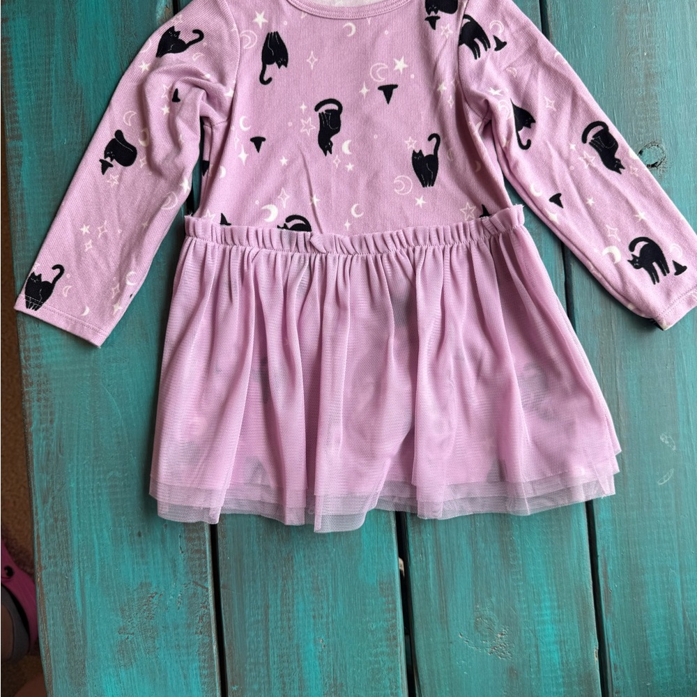Purple Long-Sleeve Tutu Dress with Black Cat Print